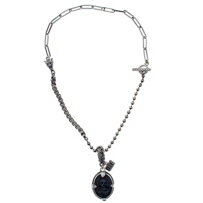 Gem Kingdom Men's Silver / Black Mystique Skull Cameo Necklace In Multi