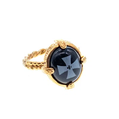 Gem Kingdom Women's Black / Gold Black Onyx Maltese Cross Ring