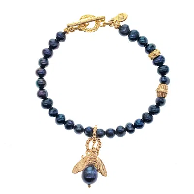 Gem Kingdom Women's Black / Gold Black Pearl Bee My Honey Bracelet Gold Plated In Black/gold