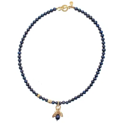 Gem Kingdom Women's Black / Gold Black Pearl Bee My Honey Necklace Gold Plated In Blue