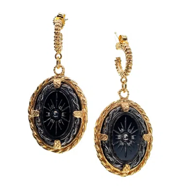 Gem Kingdom Women's Black / Gold Black Vintage Glass Oval Drop Earrings In Multi