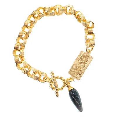 Gem Kingdom Women's Black / Gold Gold Plated Chain Bracelet With Tiger Eye Drop Black In Multi