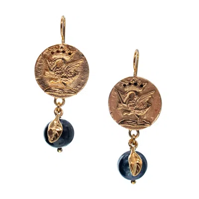 Gem Kingdom Women's Black / Gold Gold Plated Earrings With Black Pearls And Swan