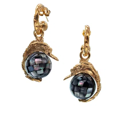 Gem Kingdom Women's Black / Gold Gold Plated Earrings With Swan And White Mother Of Pearl