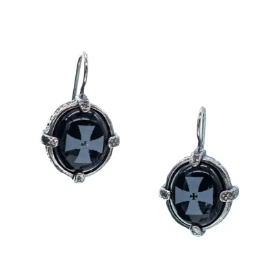 Gem Kingdom Women's Black / Silver Back To The Future - Engraved Onyx Earrings