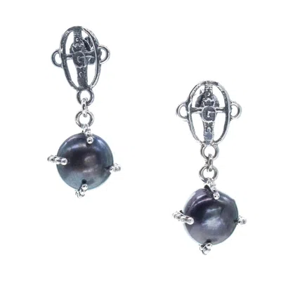 Gem Kingdom Women's Black / Silver Black Pearl Drop Earrings In Blue