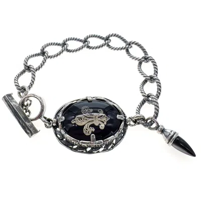 Gem Kingdom Women's Black / Silver Fleur-de-lis Intaglio Bracelet Black