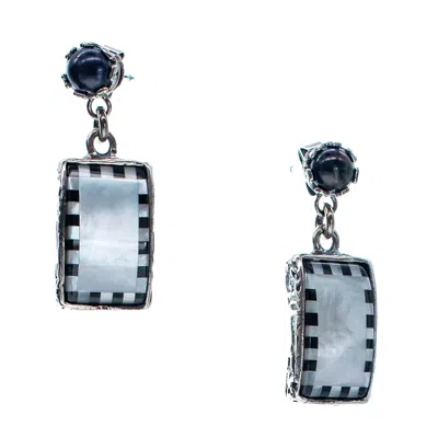 Gem Kingdom Women's Black / Silver / White Drop Earrings With Mother Of Pearl And Onyx In Blue