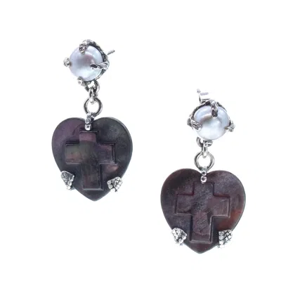 Gem Kingdom Women's Black / White Black Heart & Cross Mother Of Pearl Drop Earrings In Blue