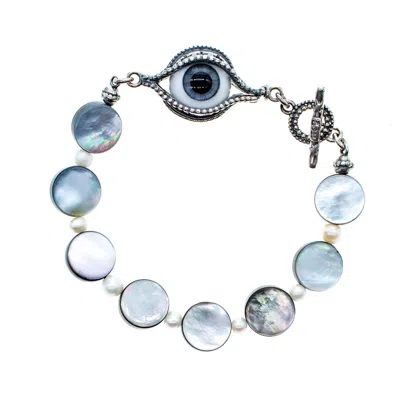 Gem Kingdom Women's Blue / Grey / Silver Eye Love You Mother Of Pearl Disc Bracelet M