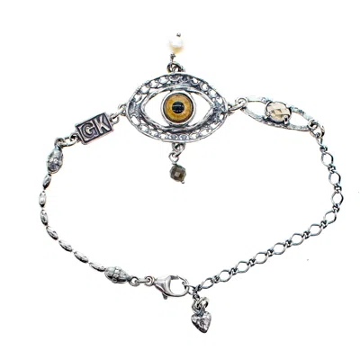 Gem Kingdom Women's Brown / Silver Eye Love You Bracelet Brown Eye With Smoke Quartz In Multi