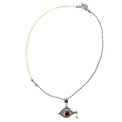 Gem Kingdom Women's Brown / White / Silver Eye Love You Brown Eye & Pearl Necklace In Multi