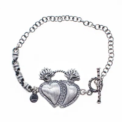 Gem Kingdom Women's Ex Voto Sterling Silver Double Heart Bracelet In Orange