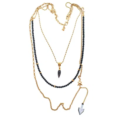 Gem Kingdom Women's Gold / Black Goldplated Onyx Arrow Layered Necklace In Green