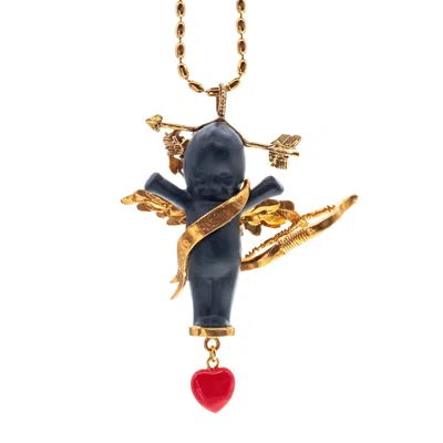 Gem Kingdom Women's Gold / Black Happy Baby Amor Necklace Black And Gold