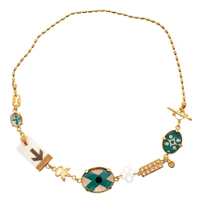 Gem Kingdom Women's Gold / Green Goldplated Intaglio Necklace Symbols Green