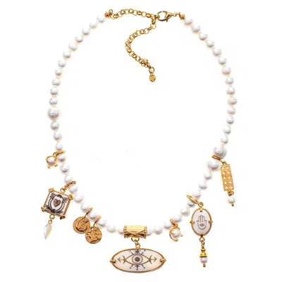 Gem Kingdom Women's Gold / White Goldplated Symbol Pearl Necklace