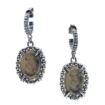 Gem Kingdom Women's Green / Silver Ex Voto Vintage Cameo Hoop Earrings In Multi