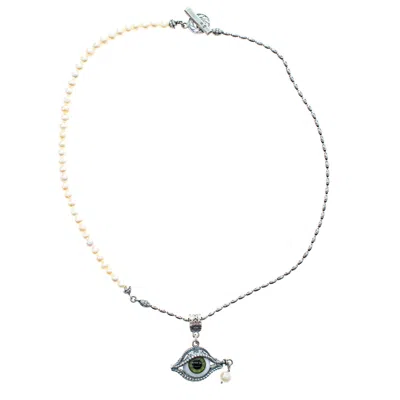 Gem Kingdom Women's Green / White / Silver Eye Love You Green Eye & Pearl Necklace In Multi
