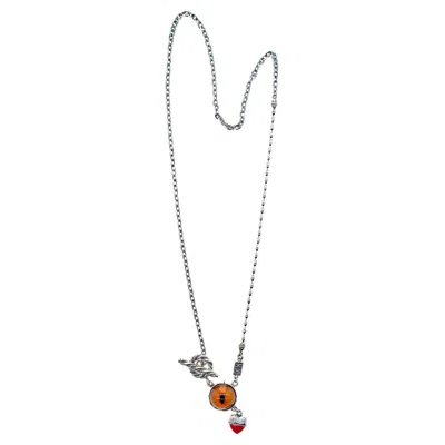 Gem Kingdom Women's Orange / Red Eye Love You Amber Eye & Red Heart Necklace In Multi