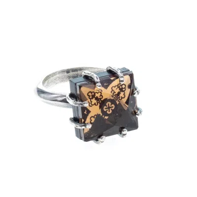 Gem Kingdom Women's Orange / Silver Amber Floral Pattern Ring