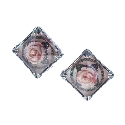 Gem Kingdom Women's Pink / Silver Square Rose Ear Clips In Multi