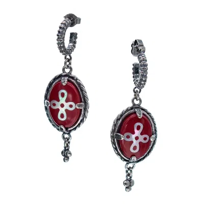 Gem Kingdom Women's Red / Silver Cross Earrings Red In Metallic