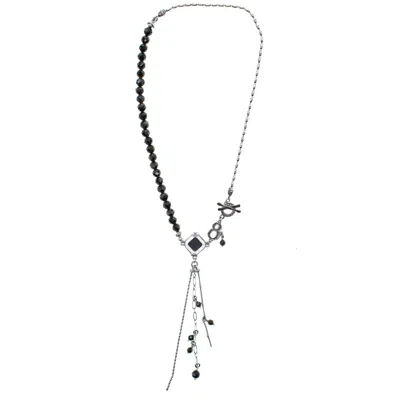 Gem Kingdom Women's Silver / Black Fringe Necklace With Black Obsidian Beads In Multi