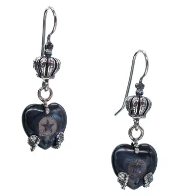Gem Kingdom Women's Silver / Black Heart Drop Earrings Mother Of Pearl Grey In Multi