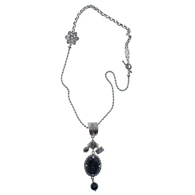 Gem Kingdom Women's Silver / Black Necklace With Flower Pendant Black Horn In Multi