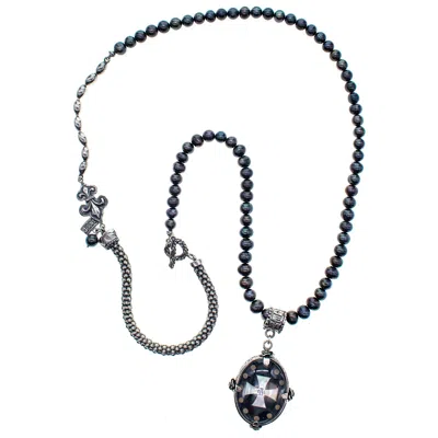 Gem Kingdom Women's Silver / Black Pearl Necklace Fleur De Lis And Cross In Multi