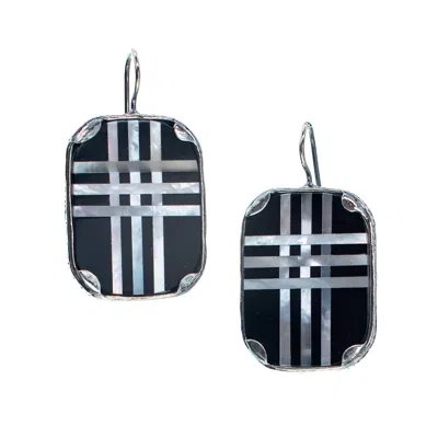 Gem Kingdom Women's Silver / Black Plaid Onyx & Mother Of Pearl Earrings In Multi