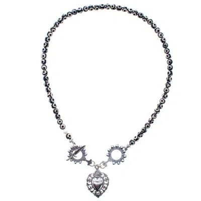 Gem Kingdom Women's Silver / Black / White Ex Voto Beaded Sacred Heart Necklace In Metallic
