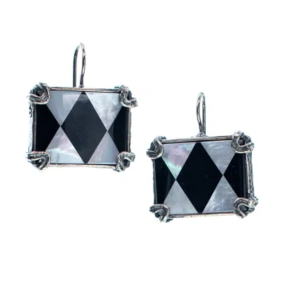 Gem Kingdom Women's Silver / Black / White Harlequin Onyx & Mother Of Pearl Earrings In Multi