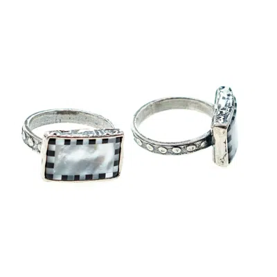 Gem Kingdom Women's Silver / Black / White Rectangular Ring With Mother Of Pearl & Onyx In Multi