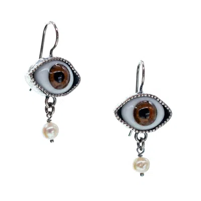 Gem Kingdom Women's Silver / Brown Eye Love You Earrings Brown Eye In Blue