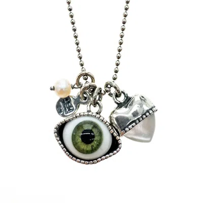 Gem Kingdom Women's Silver / Green / White Eye Love You Necklace Green Eye Short In Silver/green/white