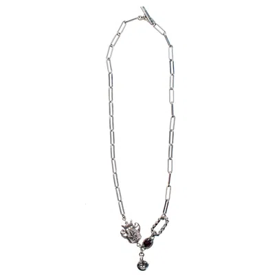 Gem Kingdom Women's Silver / Red Rebel Rebel Chain Necklace With Garnet In Gray
