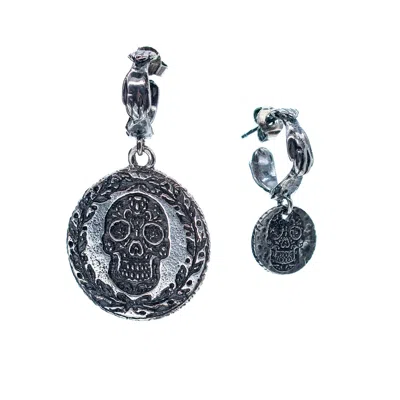 Gem Kingdom Women's Silver Sugar Skull Coin Earrings