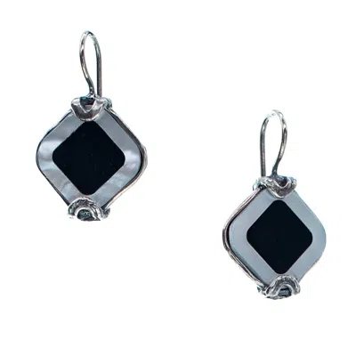 Gem Kingdom Women's Silver / White / Black Geometric Onyx & Mother Of Pearl Earrings In Multi