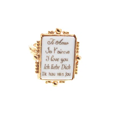 Gem Kingdom Women's White / Gold White Love Letter Ring Gold Plated