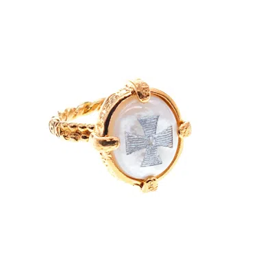 Gem Kingdom Women's White / Gold White Mother Of Pearl Maltese Cross Ring