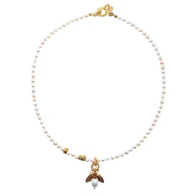 Gem Kingdom Women's White / Gold White Pearl Bee My Honey Necklace Gold Plated