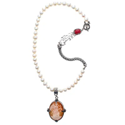 Gem Kingdom Women's White / Red Cameo Necklace White Pearl And Red Shell Cameo In Multi