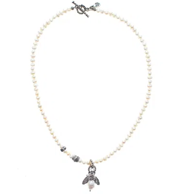 Gem Kingdom Women's White / Silver Bee My Honey - White Pearl Necklace