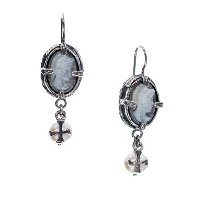 Gem Kingdom Women's White / Silver Italian Shell Cameo Earrings In Metallic