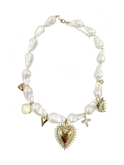 Gemelli Mia Heart Pearl Charm Necklace In White In Metallic