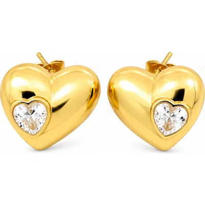 Gemini Jewelry Puffed Heart Stud Earrings With Cubic Zirconia Accent In Gold