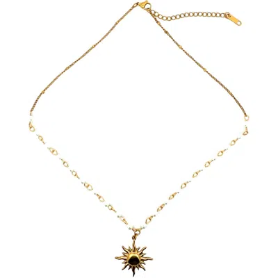 Gemini Jewelry Sun Pendant Faux Pearl Station Necklace In Yellow