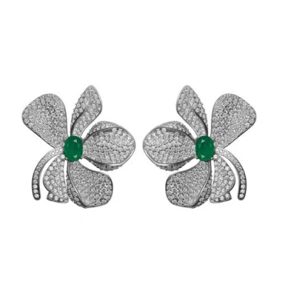 Gemma Azzurro Fleur Pave Emerald Flower Earrings In Metallic